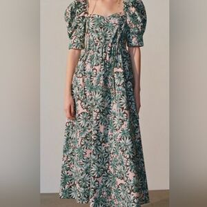 Zara Pink Green Floral Garden Party Cutout Puff Sleeve Midi Maxi Dress Size 4-6